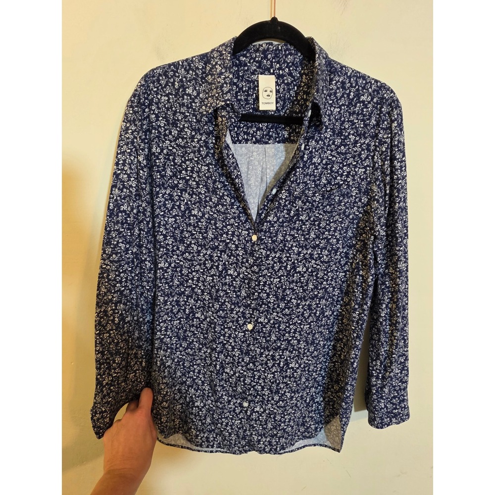 Tomboy Navy Blue White Floral Ditsy Print Button Down Long Sleeve Shirt
